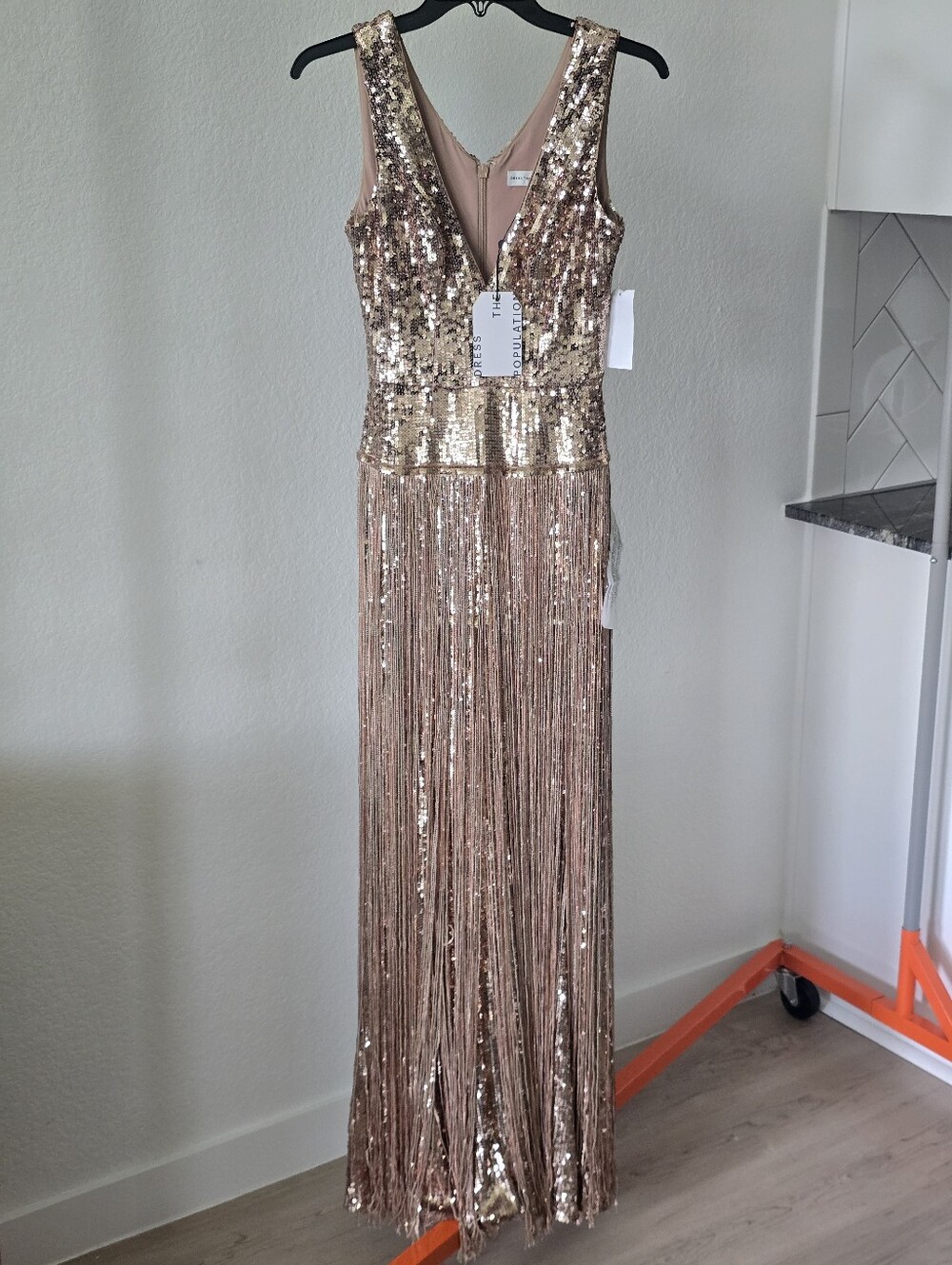 Dress The Population NWT Gold Sequin Fringe Maxi Gown XS $598 Deep V Formal - Picture 4 of 16